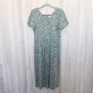 VTG Erika Studio Midi Dress Size M Green Floral Button Front Cottage Prairie 90s